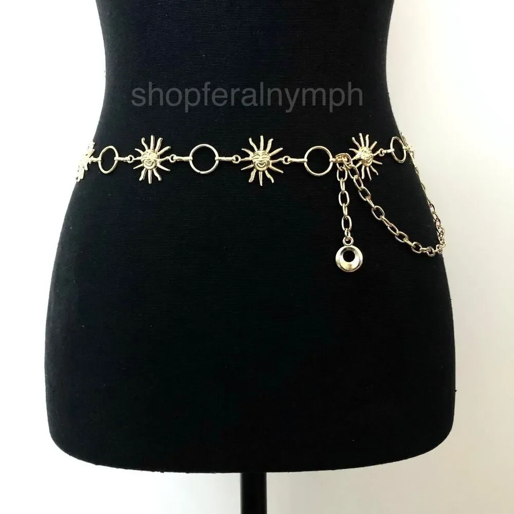 Y2K Celestial Gold-Tone Sun Face Chain Belt, Fits 23.5–38 Inches, X7GA1228